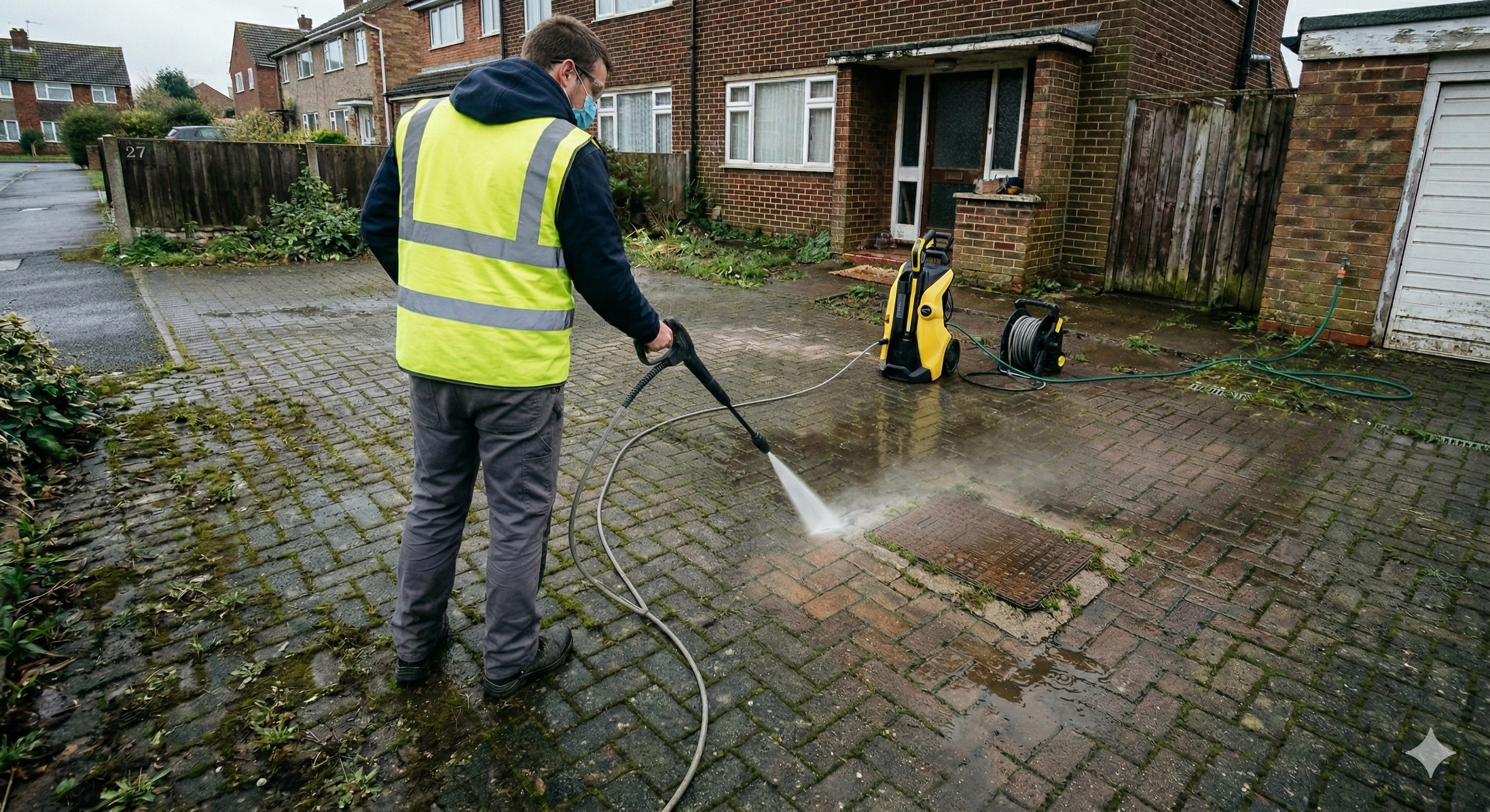 Driveway and patio cleaning in progress